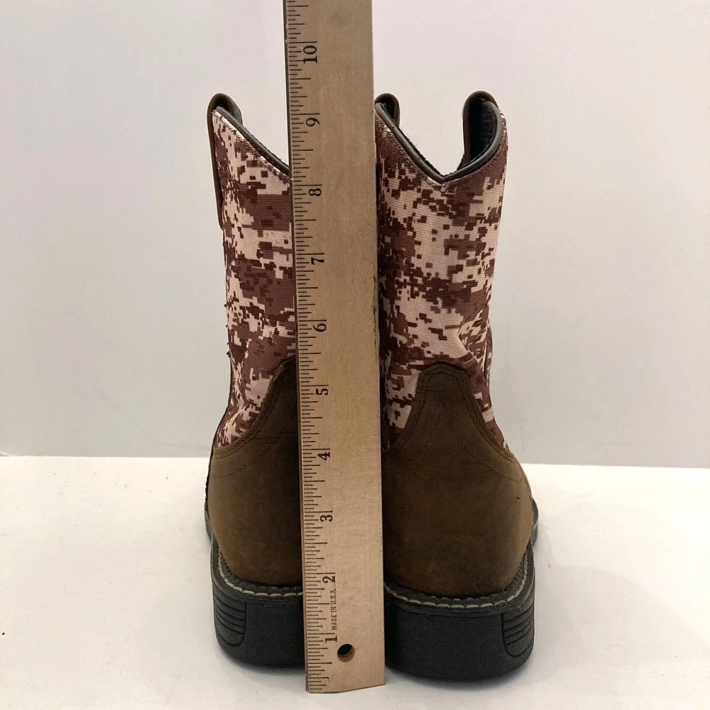 Old West Cowboy Boots Youth Boys Sz 3.5 Digitial Camo Brown Leather Square Toe
